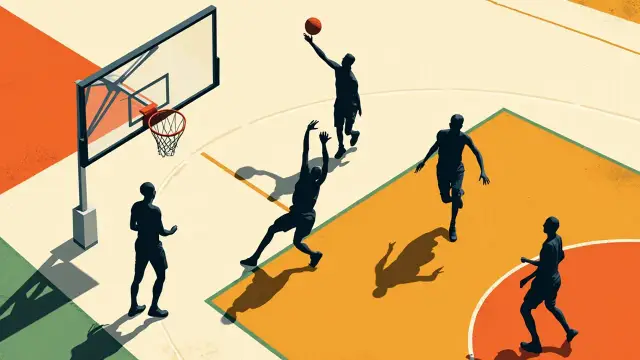 Two faceless silhouettes leap for a tip-in beneath a new hoop on a freshly refurbished outdoor court, with teammates and a packed crowd around them.