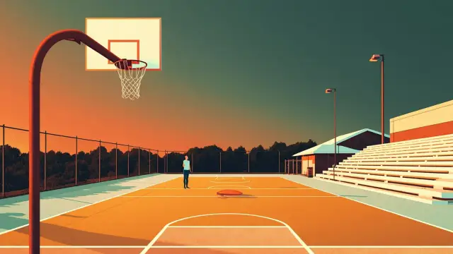 View from under a freshly painted outdoor basketball hoop looking down a clean refurbished community court with a single silhouette player and one ball resting in the foreground.
