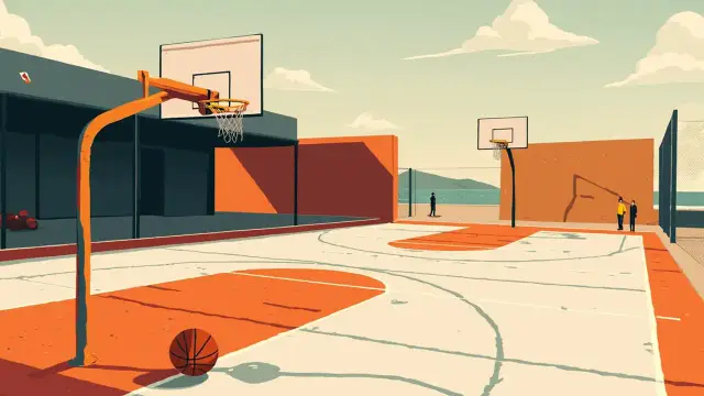 View from the baseline of a newly renovated outdoor basketball court with a fresh hoop, net, a single ball and a ribbon, two small silhouettes nearby.