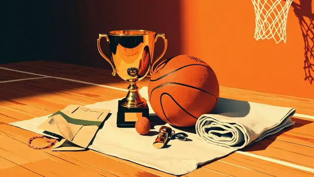 A still life on hardwood: a basketball beside a tall gold trophy, a medal, a folded towel and a water bottle, with a basketball hoop above.