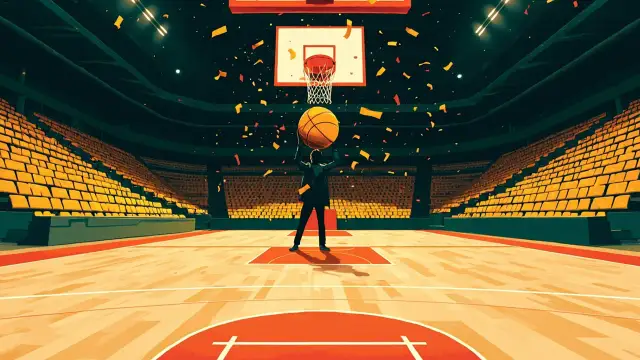 Flat illustration of an indoor arena seen from the stands, a faceless silhouette on a podium lifting a golden trophy as gold confetti falls over the court.