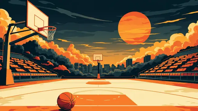 A coastal city at dusk surrounds a large outdoor basketball court with one ball resting at center beneath a prominent hoop.