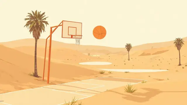 Stylised North African desert dunes with a basketball court set into the sand and a single ball rising above a hoop like the sun.