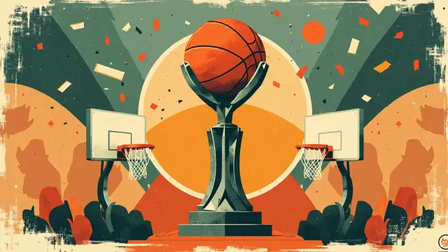 Trofee ya fedha iliyopambwa na mpira wa kikapu imesimama kwenye jukwaa mbele ya mandhari yenye mchanganyiko, pete na nyavu nyuma yake, ikiadhimisha ushindi wa mfululizo wa ubingwa.