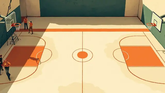 Aerial view of an indoor gymnasium being readied for competition, with new hoops mounted, court lines freshly painted, and tools scattered across the floor.