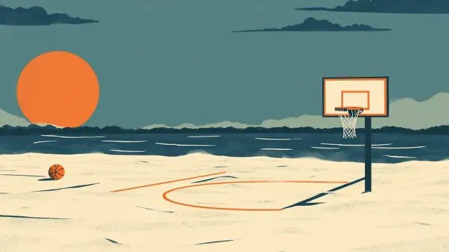 Paysage côtier stylisé au crépuscule avec un but de beach soccer et un panier de basket sortant du sable à côté de lignes de terrain éparses.