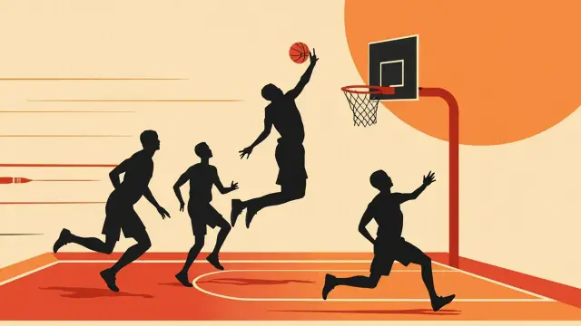 A faceless silhouette basketball scene: a tall player rises to dunk as three others converge near the rim, with one orange basketball above the net on a lined court.