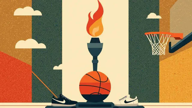 A lit torch on a podium with a basketball, sneakers and a hoop, framed by a patterned background, marking the arrival of a symbolic flame.