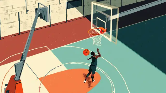 Backboard view of teal indoor court wia faceless player dey jump for offensive rebound as di ball dey bounce off di rim.