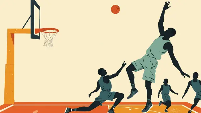 One tall faceless centre for teal jersey dey dunk di ball through di rim over one defender, with two teammates dey run di baseline for one court wey you fit see.