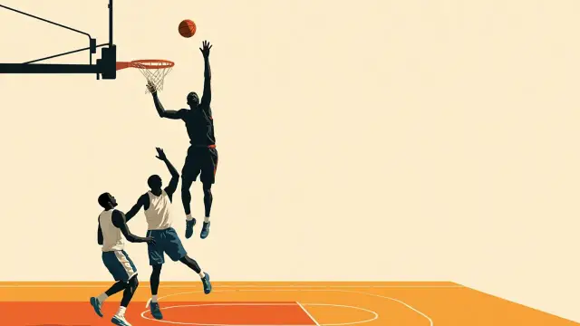 One flat silhouette of one tall defender dey block basketball for the rim above two attackers wey dey attack, for one hardwood court, with African textile-style geometric pattern around am.