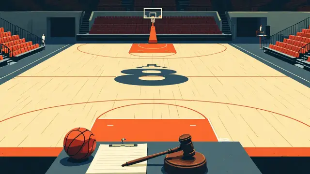 Empty indoor basketball arena viewed from the scorer's table, which holds a gavel and blank ballot papers, with three silhouetted figures in dark suits seated courtside.