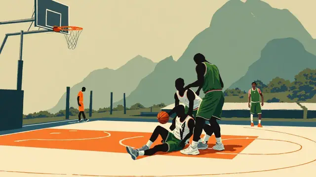 Trois silhouettes sans visage en vert et blanc se regroupent sur un terrain de basketball autour d’une figure assise, avec un marteau de juge et un bulletin de vote sur la table des marqueurs derrière elles.