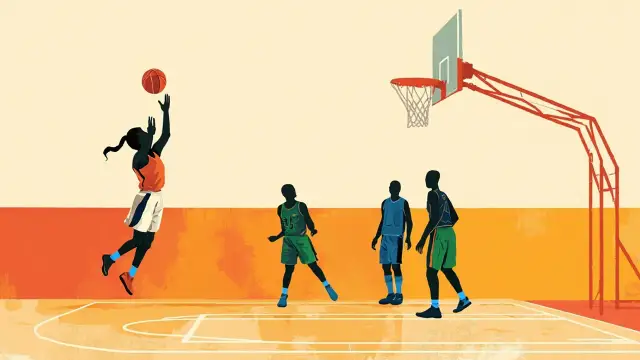 A faceless basketball player in red and white shoots a jumper over a defender on a bright indoor court, ball rising toward the hoop.