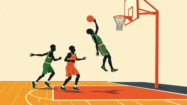 Viumiliza vitatu visivyokuwa na uso uwanjani wa ndani wa mpira wa kikapu, mmoja akidunki kwenye pete juu ya wachezaji wawili wa ulinzi, huku timu iliyoshinda ikiwa nyekundu ikiweka pointi dhidi ya wachezaji wa ulinzi wa kijani na nyeupe.