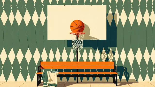 A flat geometric emblem showing a ball dropping through a hoop above an empty bench with a draped jersey, symbolising elimination from the tournament.