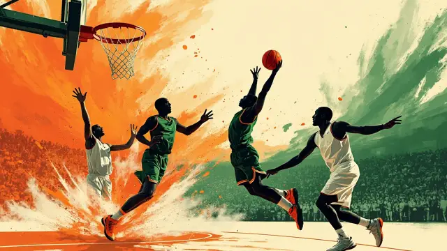 Wachezaji watatu wa mpira wa kikapu wasio na uso, wamevaa jezi za kijani na nyeupe, wanaruka kuelekea kikapu kufanya dunk juu ya wachezaji wawili wa ulinzi, kwenye uwanja wa ndani ulio na mistari, na umati wa watu nyuma yao.