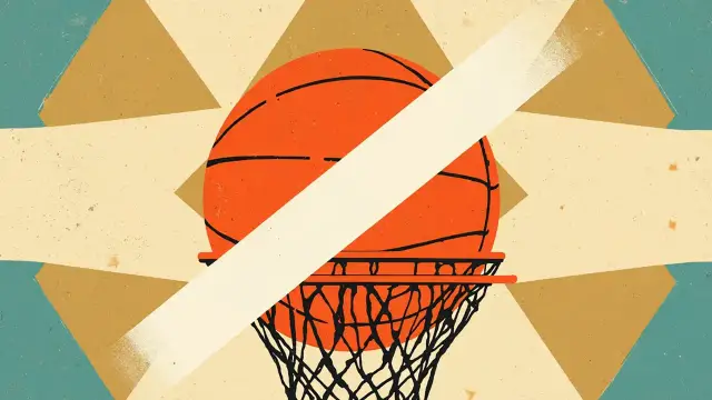 A stylized basketball hoop with a diagonal slash across it, a plain jersey hanging on the side, and a single ball below, set on a patterned background.