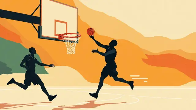 Une scène stylisée de terrain de basket avec des joueurs sans visage se passant le ballon en direction du panier, évoquant les discussions de recrutement sans aucun portrait ni texte.