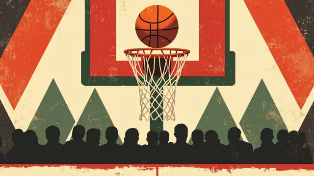 Un grand ballon de basket passe à travers un cercle avec un filet blanc sur un fond à motifs de triangles rouges, noirs, verts et blancs qui s'entrechoquent, avec des silhouettes sans visage en train de se disputer sous le panier.