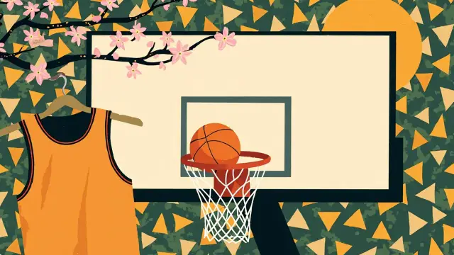 Illustration géométrique plate d'un ballon de basket suspendu au-dessus d'un panier avec son filet, un maillot vierge sur un cintre à côté, et des fleurs de printemps, le tout sur un fond à motifs vert et or.