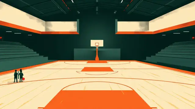 Empty indoor arena from low angle, three faceless figures on a wooden court, one holding a basketball under a single hoop.