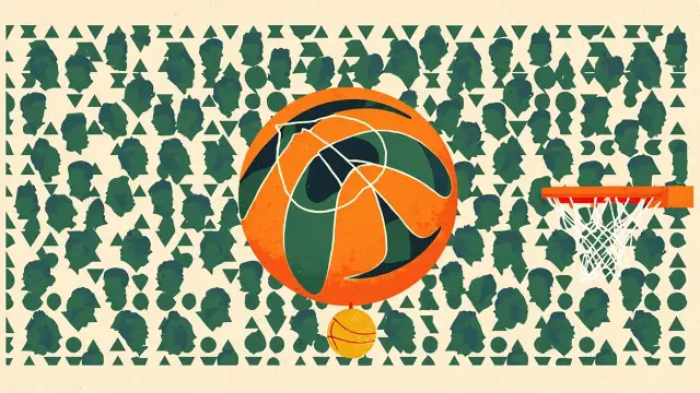 A central textured basketball in green and white, ringed by fourteen small faceless silhouettes, with a gold medal hanging beside a hoop on a patterned background.