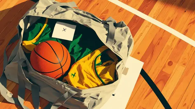 Nature morte : un ballon de basket orange et deux maillots pliés vert et jaune posés dans un sac ouvert sur un parquet, surmontés d'un petit papier portant un seul X.