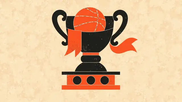 A flat geometric illustration of a trophy cup holding a basketball, with five penalty-kick circles below it, one missing, on a patterned background.