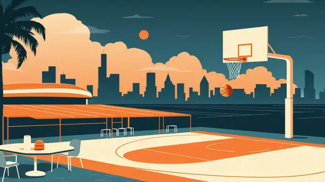 A coastal-city arena overlooks a prominent basketball court, with one ball at the hoop and a conference table nearby.