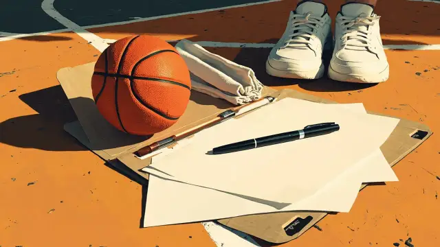 One still life for hardwood: basketball ball dey next to open folder of papers, one pen, white sneakers, towel, and blank cheque.