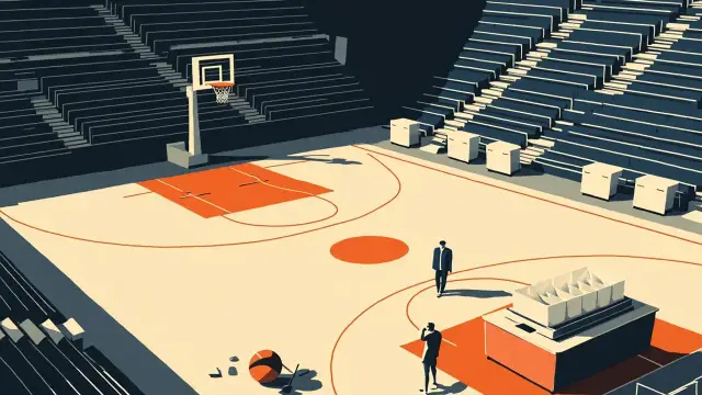 Empty indoor basketball court as person dey look am from scorer's table, where gavel, ballot box and envelopes dey, with one faceless pesin stand on top the hardwood.