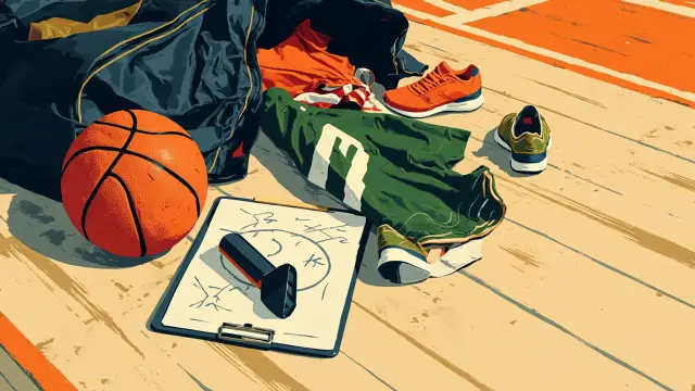 Nature morte sur un court de basket désert : un ballon solitaire posé sur le parquet à côté d'un maillot vert et blanc plié, une planchette avec des X et des O, un sifflet, des sneakers et un sac de matériel ouvert, évoquant un mouvement d'effectif.