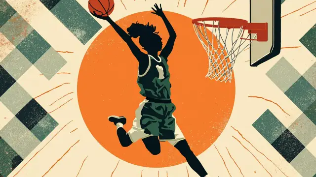 Une silhouette sans visage saute pour capter un ballon sous un panier orange, sur un fond à motifs en losanges vert, blanc et orange.
