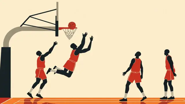 Une scène plate, façon affiche, représentant des silhouettes sans visage en maillot rouge en pleine action sous un panier, l'une d'elles claquant un ballon de basket dans un filet blanc sur un parquet aux lignes marquées.