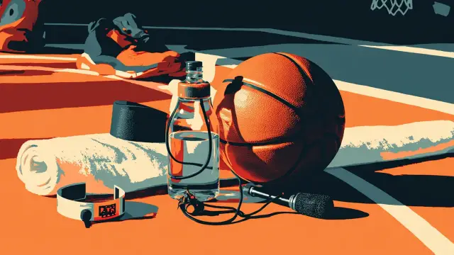 One still life of basketball gear on top hardwood court, ball dey rest inside towel near microphone, earpiece, wristband, sneakers and hoop.