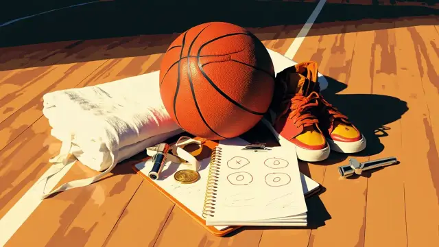 One still life wey dey for hardwood court, e show basketball, towel wey dem fold, old sneakers, silver whistle, medal and tactics notebook wey get X and O marks.
