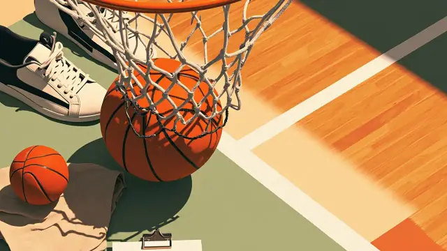 One basketball dey under one net beside sneakers, towel and plain tactics clipboard for one shiny court.