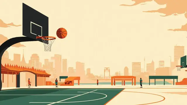 A 3x3 half-court in a city plaza, viewed from behind the hoop, with a ball mid-flight and two faceless players facing off.
