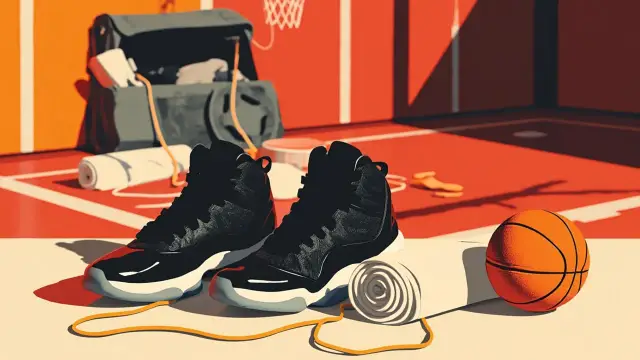 Nature morte en gros plan sur un parquet : baskets, un ballon de basket, une serviette, un sac de sport ouvert avec une corde à sauter et un disque de musculation, évoquant la préparation physique hors saison.