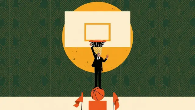 Un panier de basket-ball stylisé avec une figure sans visage levant un bras à côté d'un ballon de basket, le tout sur un motif géométrique vert évoquant une célébration nationale.