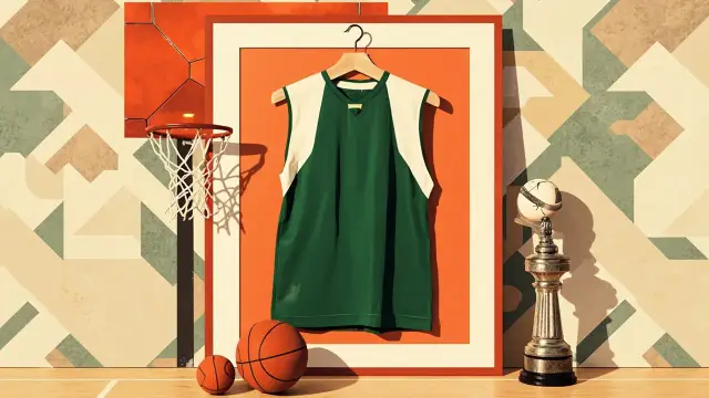 Green-and-white jersey dey hang from wooden hanger beside basketball hoop, tall silver trophy, and orange basketball for hardwood floor, against patterned background.