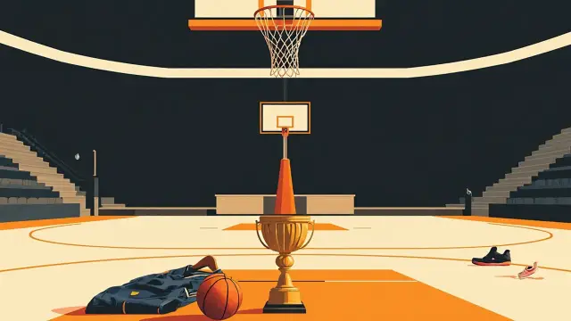 Empty indoor court seen from under the hoop, a gold trophy and a folded jersey on a hanger resting on the scorer's table.