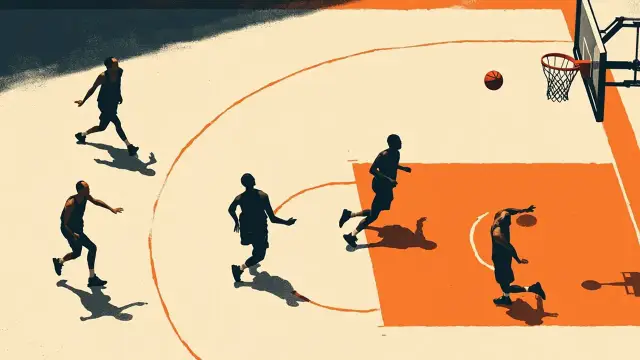 Four faceless silhouettes in a tense playoff basketball moment, one rising toward the rim with the ball, defenders closing in, court lines visible.