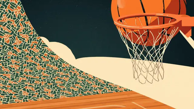 A large basketball drops through a rim with a stretched net over a patterned court floor, evoking a decisive final-quarter score.