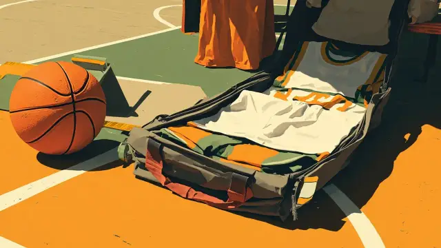 One still life for hardwood court: basketball dey beside one open kit bag, wit white and green jersey hang on top of scorer table.
