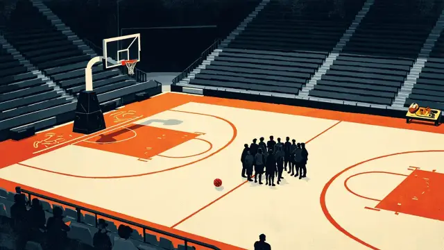 A sweeping view from the stands of an indoor basketball arena where a team of faceless silhouettes huddles at center court under a spotlight, a championship belt on the scorer's table.