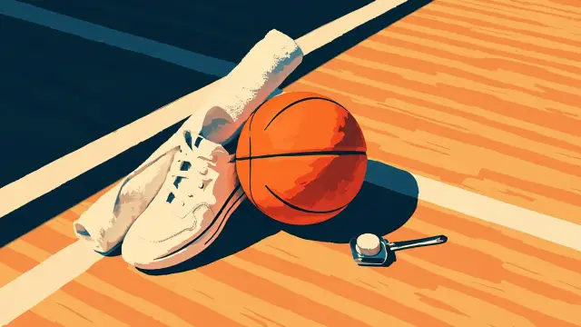 Still life on a basketball court: a single orange ball on hardwood, with a white sneaker, rolled towel and metal whistle arranged beside it.