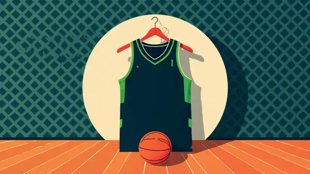 One nameless navy and green basketball jersey wey dey hang on hanger against teal background wey get pattern, plus one basketball dey ground below, to show say na new signing.