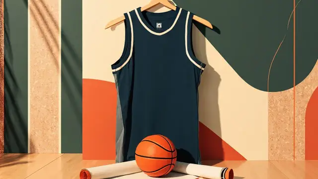 Blank basketball jersey on hanger above basketball and rolled contract, set against patterned backdrop, wey show new player signing.